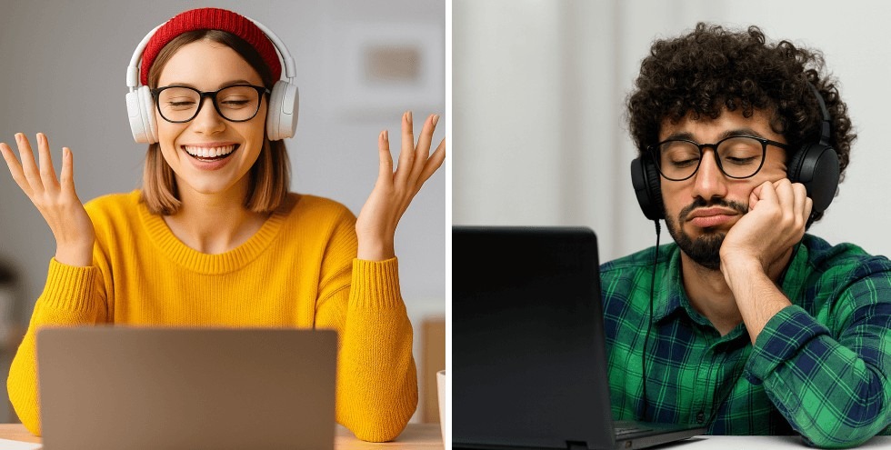 Comparación entre una persona feliz aprendiendo inglés en línea y otra desmotivada durante una clase genérica