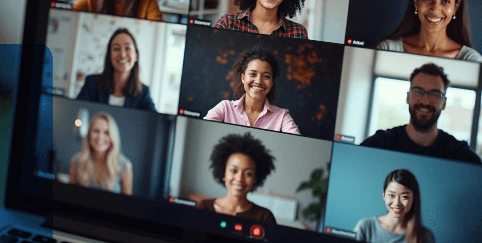 People from different cultures participating in a group online training video call.