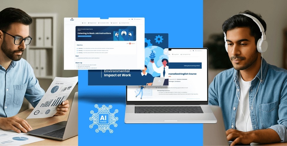 Profesionales estudiando en línea con contenido personalizado en inglés generado por inteligencia artificial 