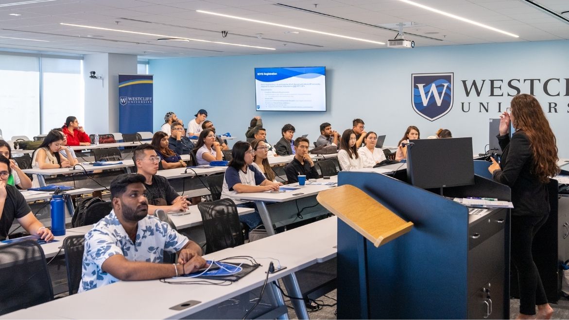 A professor teaching a TESOL Advanced Program lesson at Westcliff