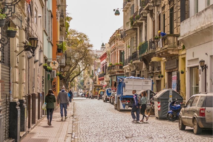 Urban scene at a winter day of street in San Telmo, a traditional tourist place.