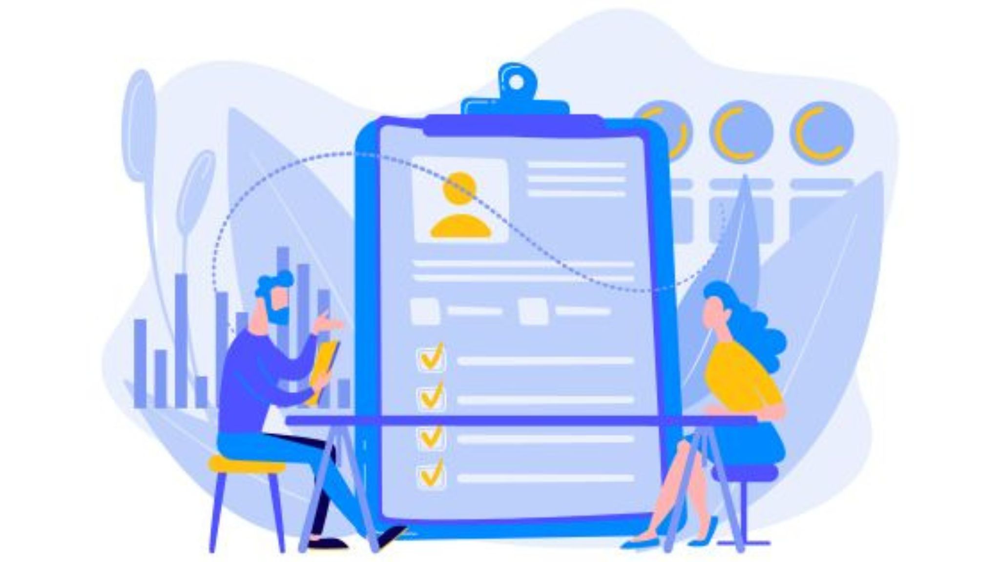 a graphic showing two people sitting at table with a clipboard containing a checklist