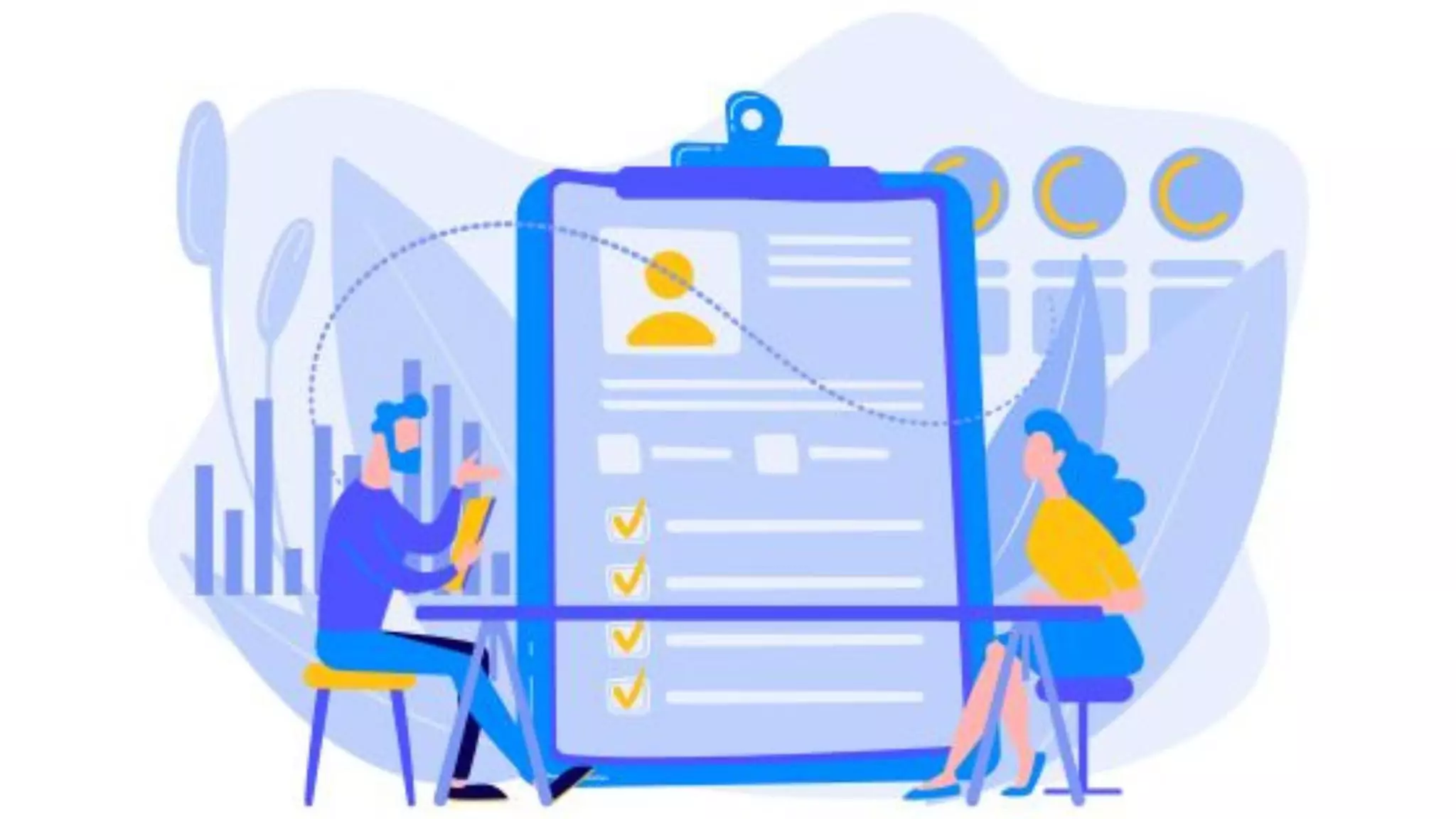 a graphic showing two people sitting at table with a clipboard containing a checklist