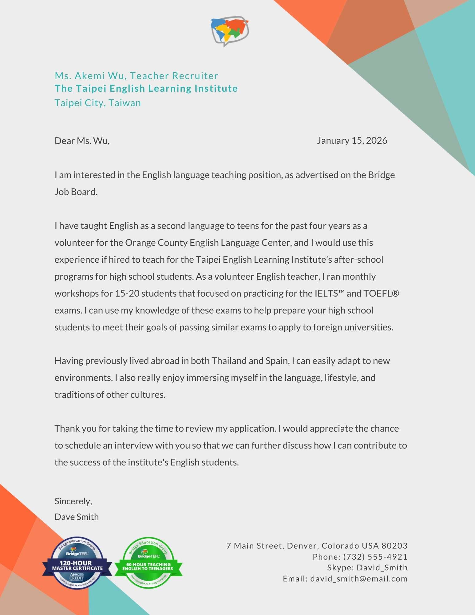 A sample TEFL cover letter