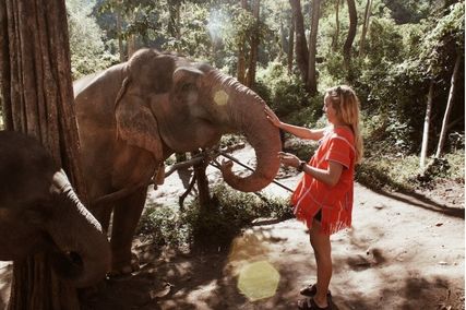 English teacher Kelsea, in Thailand, pets an elephant during a trip in the country.