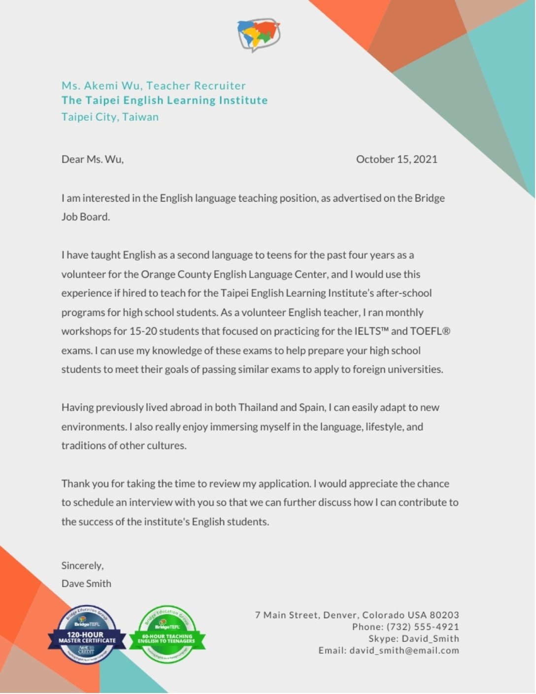 A sample TEFL cover letter.