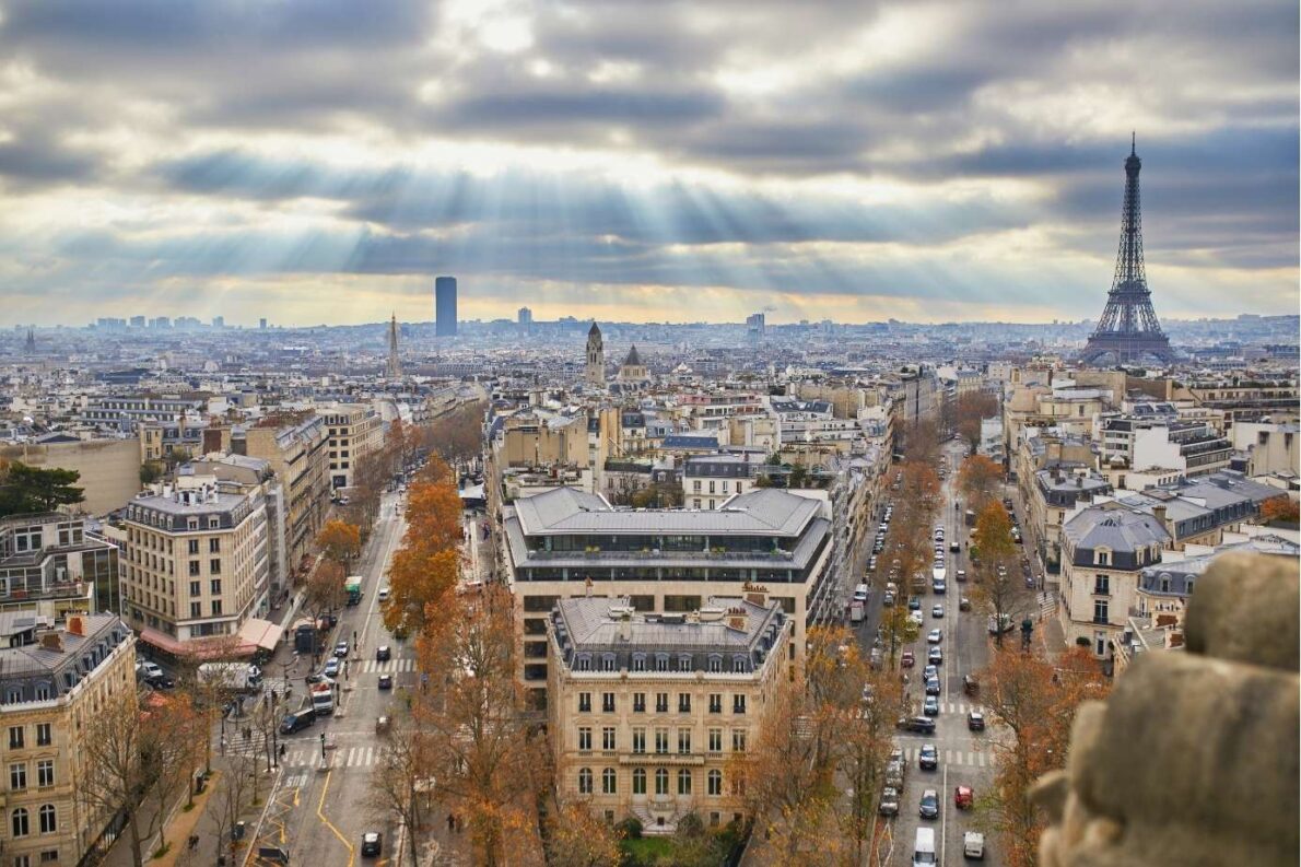 Aerial view of Paris, with the Eiffel Tower on the right, a great place to start an ESL teaching career abroad.