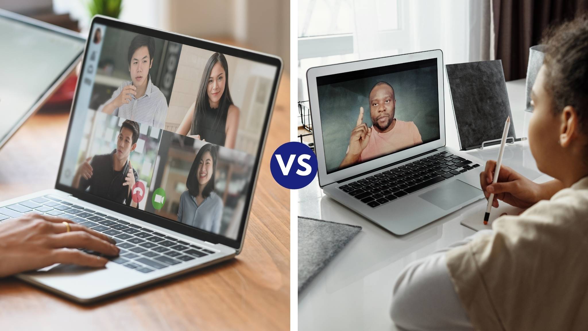 A montage with an online group class vs. one-on-one online English class.