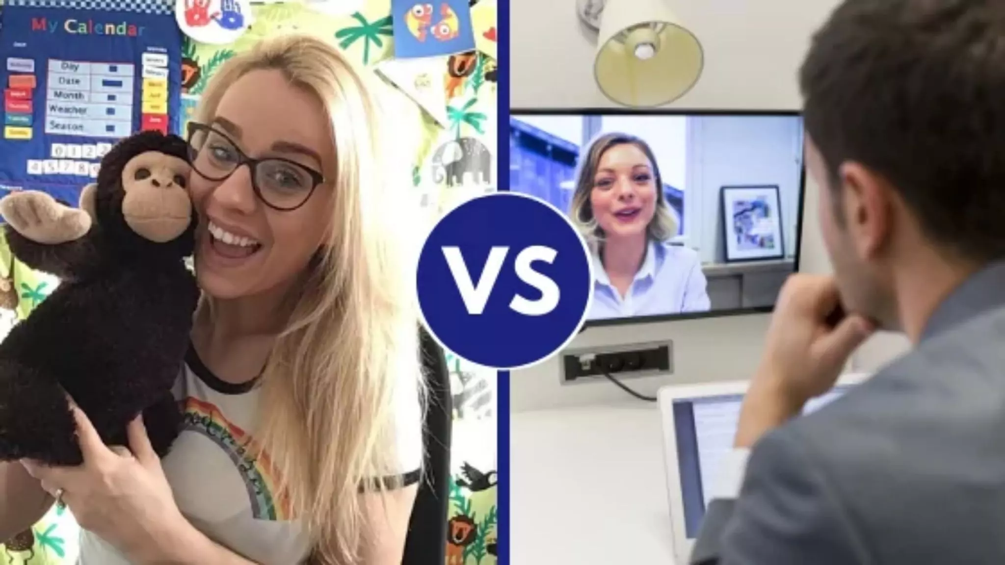 An image split in two sides: Online class to kids and online class to adults
