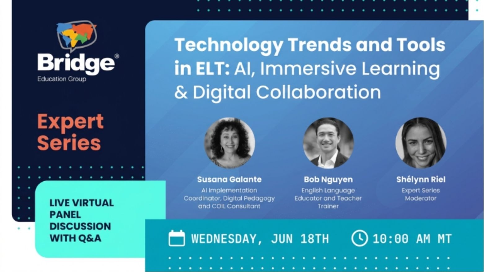 Banner for Bridge's webinar about tech and AI in ELT.