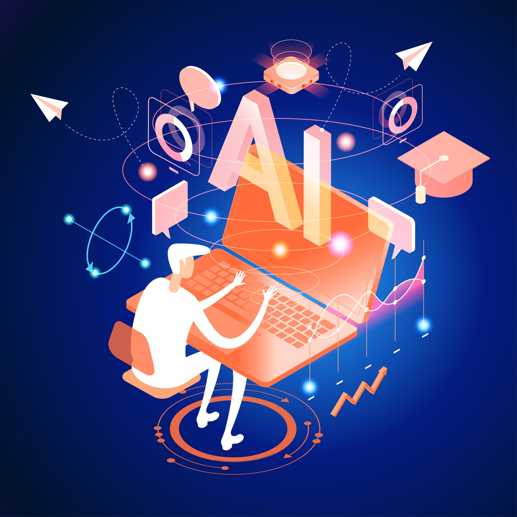 Artificial intelligence tool for data analysis. AI technology for charts and marketing strategy. Training for AI engineers. Using AI. Security and Innovative AI. Isometric design
