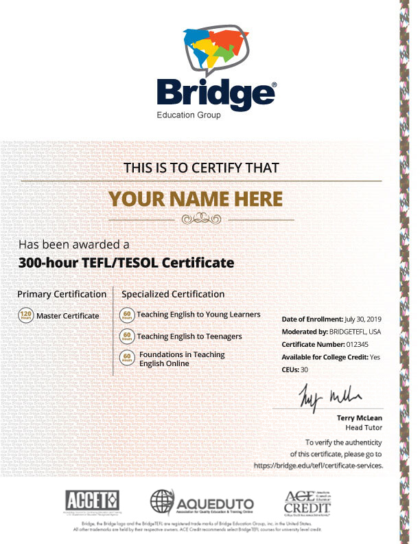 BridgeTEFL certificate