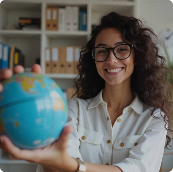 Teacher holding a globe in a classroom