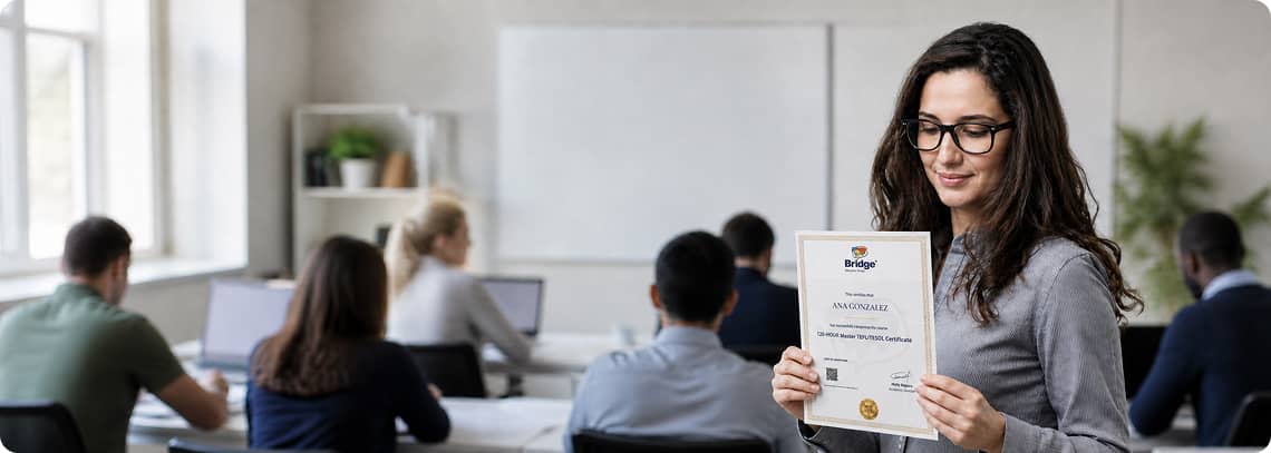Teacher holding a Bridge TEFL certificate in a classroom