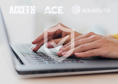 Hands typing on a laptop with ACCET, ACE, and AQUEDUTO logos