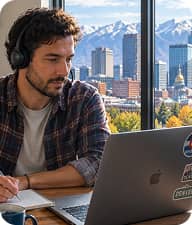 Bridge team member working on a laptop