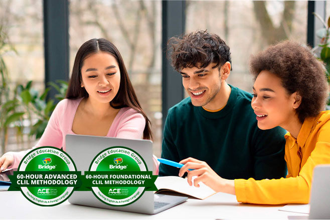 Students collaborating on a laptop with Bridge 60-hour Foundational and Advanced CLIL Methodology certification badges