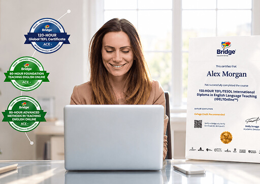 Graduate with Bridge TEFL certificate and digital badges