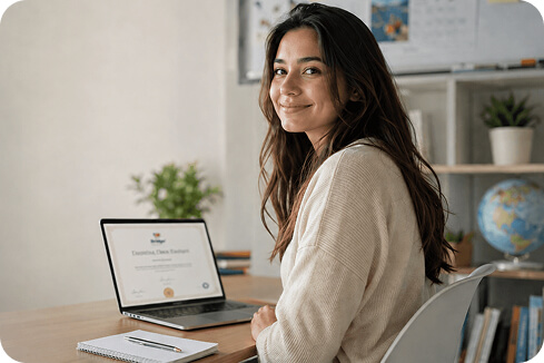 Au pair student with her Bridge TEFL certificate on a laptop