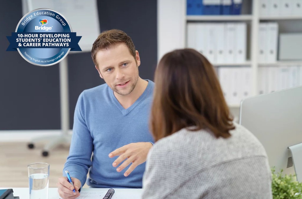 Advisor mentoring a student with Bridge 10-hour Developing Students' Education and Career Pathways certification badge