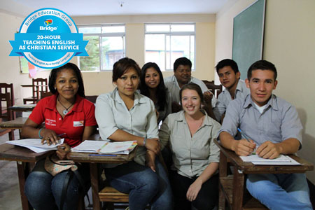Students in a classroom with Bridge 20-hour Teaching English as Christian Service certification badge