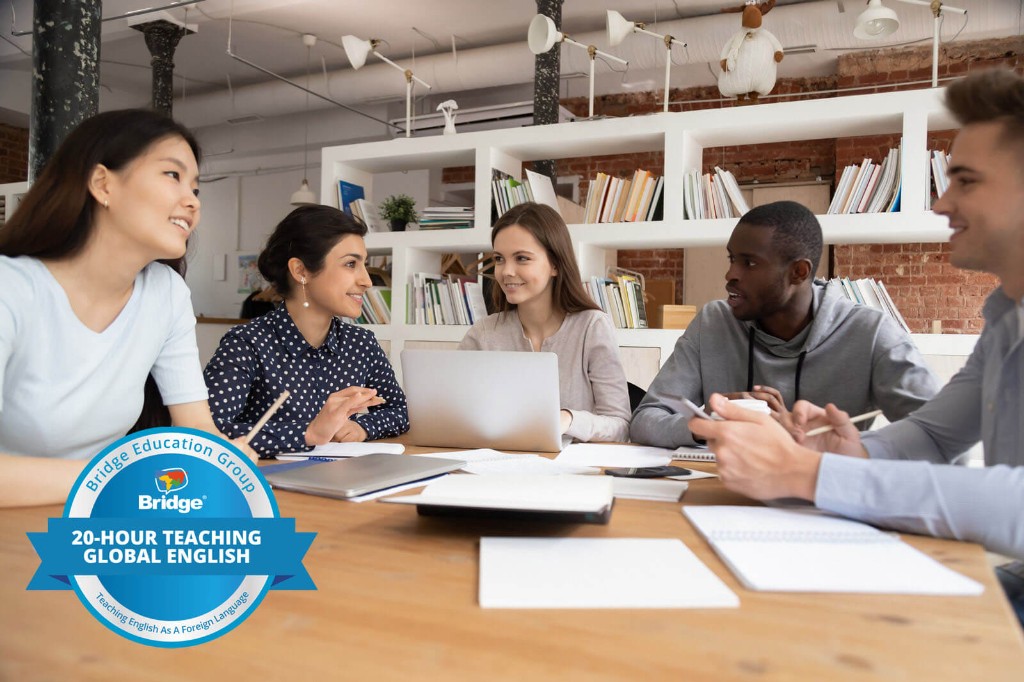 Collaborative learning group with Bridge 20-hour Teaching Global English certification badge