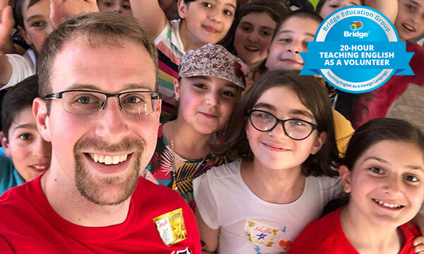 Volunteer teacher with smiling students and Bridge 20-hour Teaching English as a Volunteer certification badge