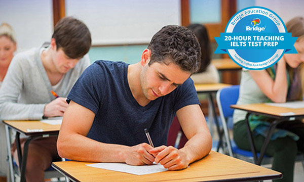 Student writing an exam with Bridge 20-hour Teaching IELTS Test Prep certification badge