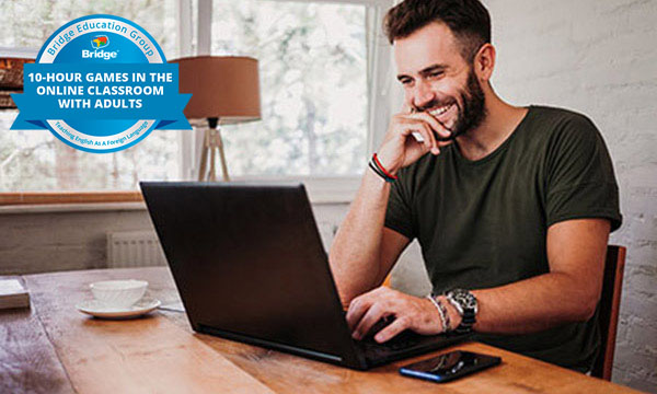 Smiling adult learner on a laptop with Bridge 10-hour Games in the Online Classroom with Adults certification badge