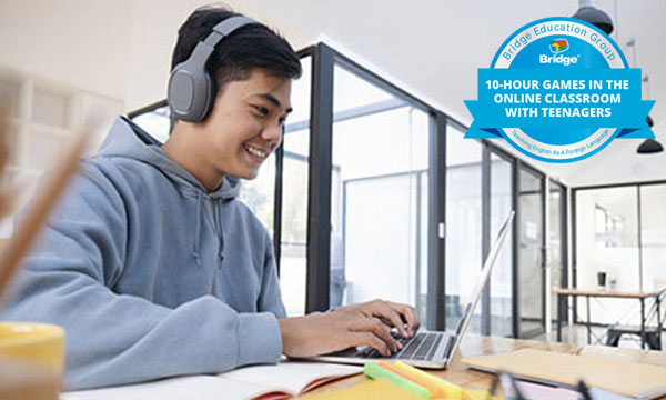 Smiling teenager with headphones on a laptop with Bridge 10-hour Games in the Online Classroom with Teenagers certification badge