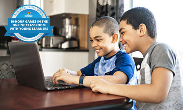 Two smiling boys on a laptop with Bridge 10-hour Games in the Online Classroom with Young Learners certification badge