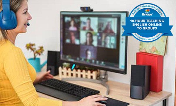 Teacher leading an online group class with Bridge 10-hour Teaching English Online to Groups certification badge