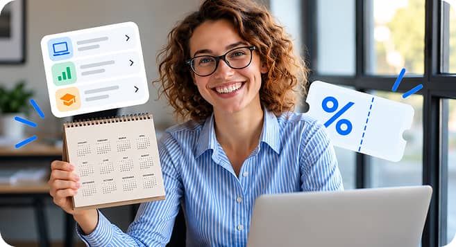 Teacher holding a calendar with Bridge monthly specials