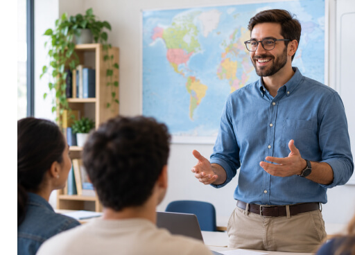 English teacher speaking with students in a classroom