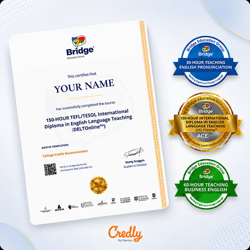 Sample 150-Hour TEFL/TESOL certificate with Credly digital badges