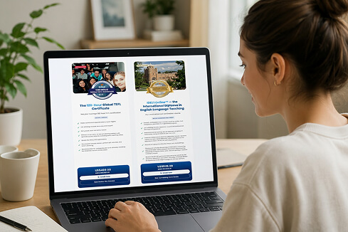 Teacher comparing the 120-Hour Global TEFL Certificate and IDELT<em>Online</em>™ on a laptop
