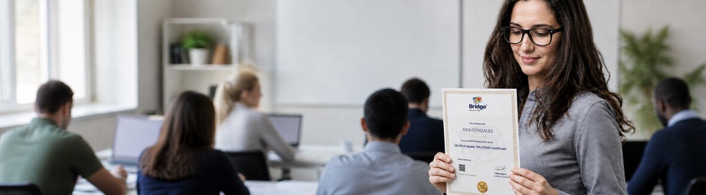 Teacher holding a Bridge certificate in a classroom