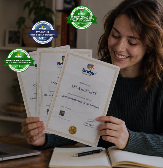 Teacher holding Bridge certificates with Credly digital badges