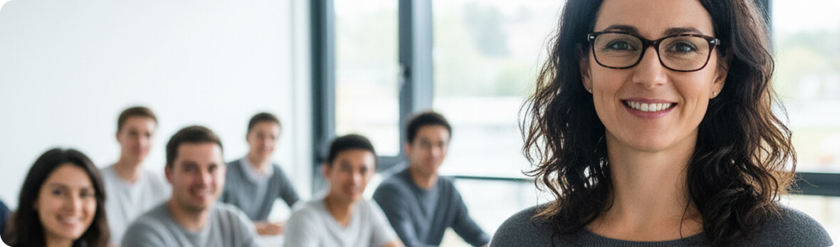 Teacher smiling in a classroom with students