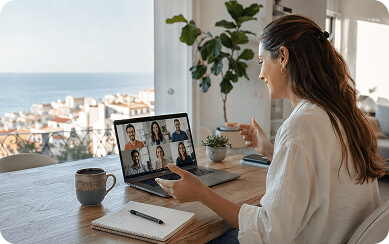 Teacher working online from a coastal location