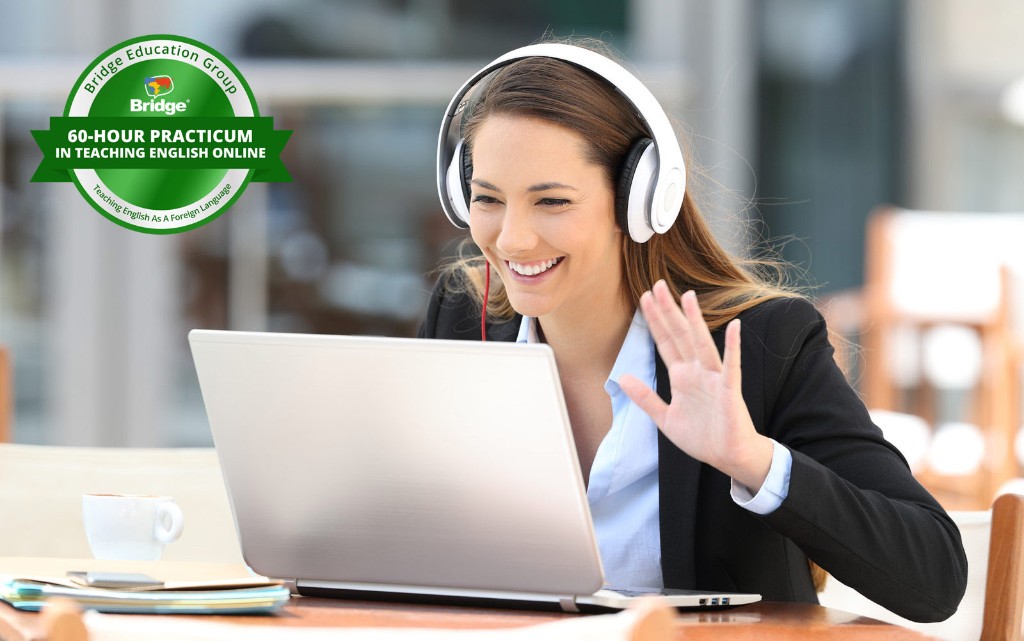 Online English teacher waving during a video lesson with Bridge 60-hour Practicum in Teaching English Online certification badge