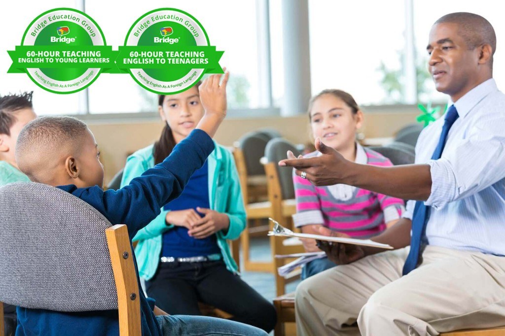 Teacher engaging with young students, with Bridge 60-hour Young Learners and Teenagers certification badges