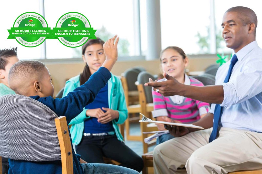 Teacher engaging with young students, with Bridge 60-hour Young Learners and Teenagers certification badges