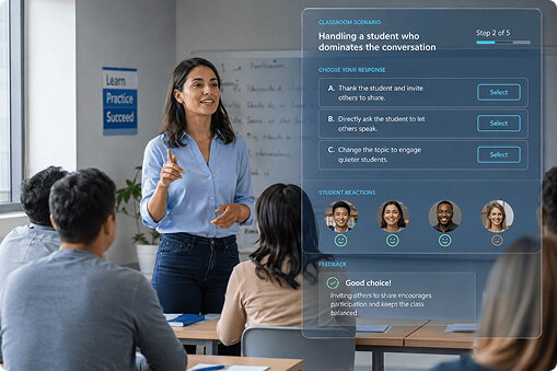 Teacher in a classroom with a Teaching Practice Scenario interface