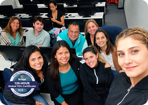 Bridge TEFL students and the 120-Hour Global TEFL Certificate badge