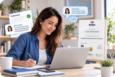 Student studying online with tutor feedback and Bridge certificate