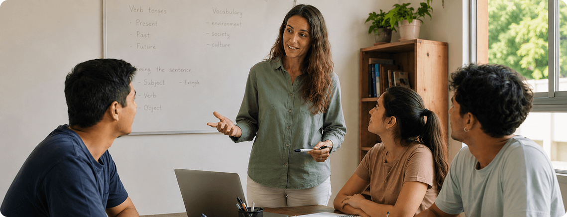 Teacher speaking with adult learners in a bright classroom