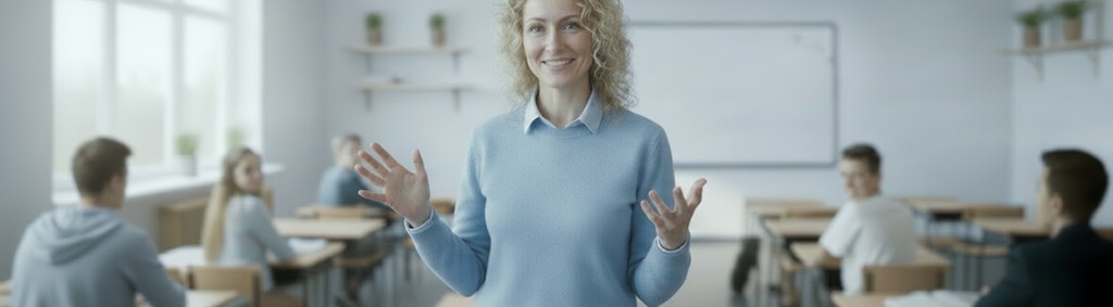 English teacher smiling in a classroom with students
