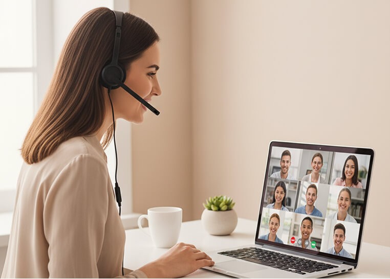 Online English teacher leading a video class from home